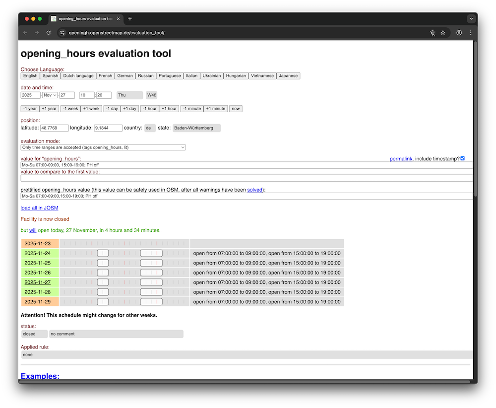 opening_hours Evaluation Tool