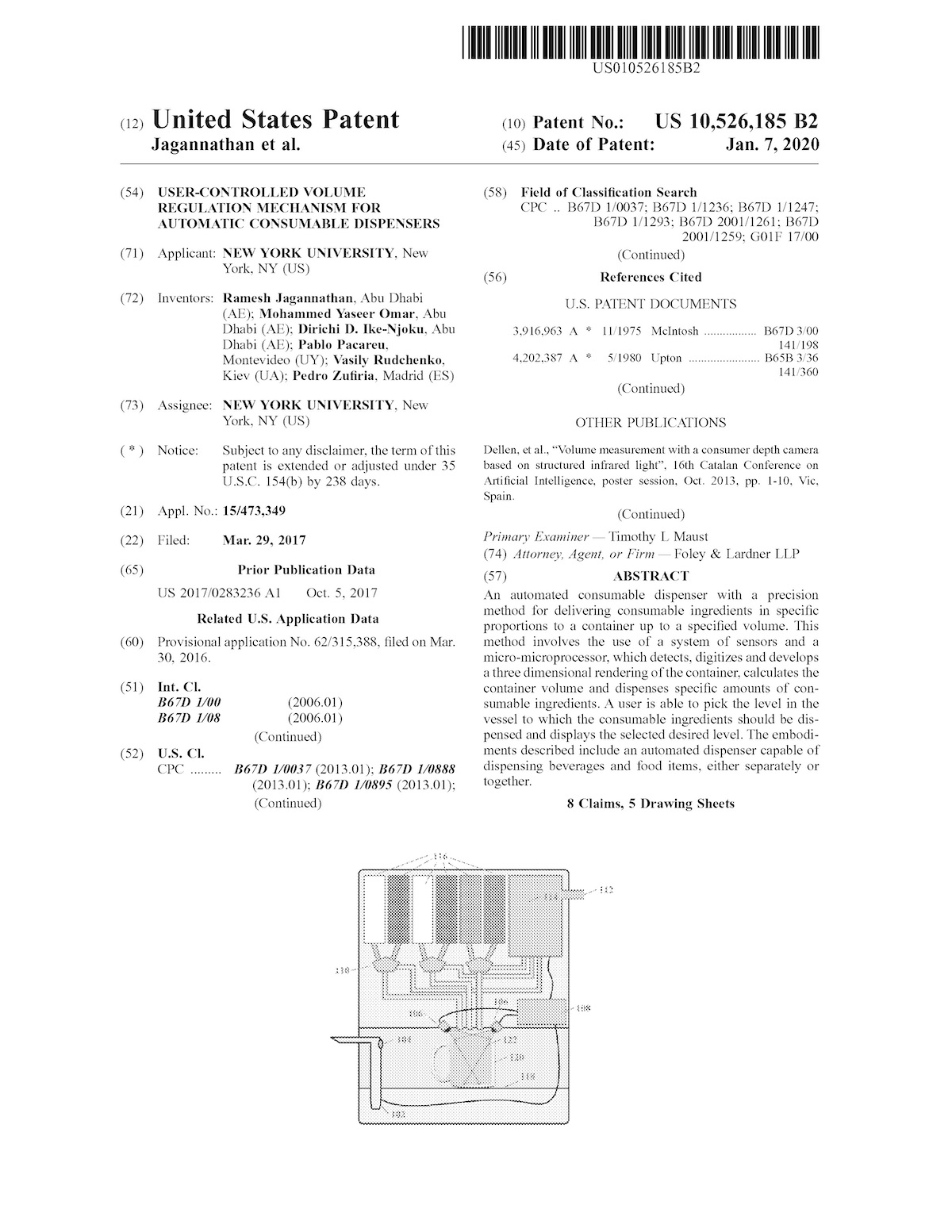 An automated consumable dispenser with a precision method for delivering consumable ingredients in specific proportions to a container up to a specified volume. This method involves the use of a system of sensors and a micro-microprocessor, which detects, digitizes and develops a three dimensional rendering of the container, calculates the container volume and dispenses specific amounts of consumable ingredients. A user is able to pick the level in the vessel to which the consumable ingredients should be dispensed and displays the selected desired level. The embodiments described include an automated dispenser capable of dispensing beverages and food items, either separately or together.